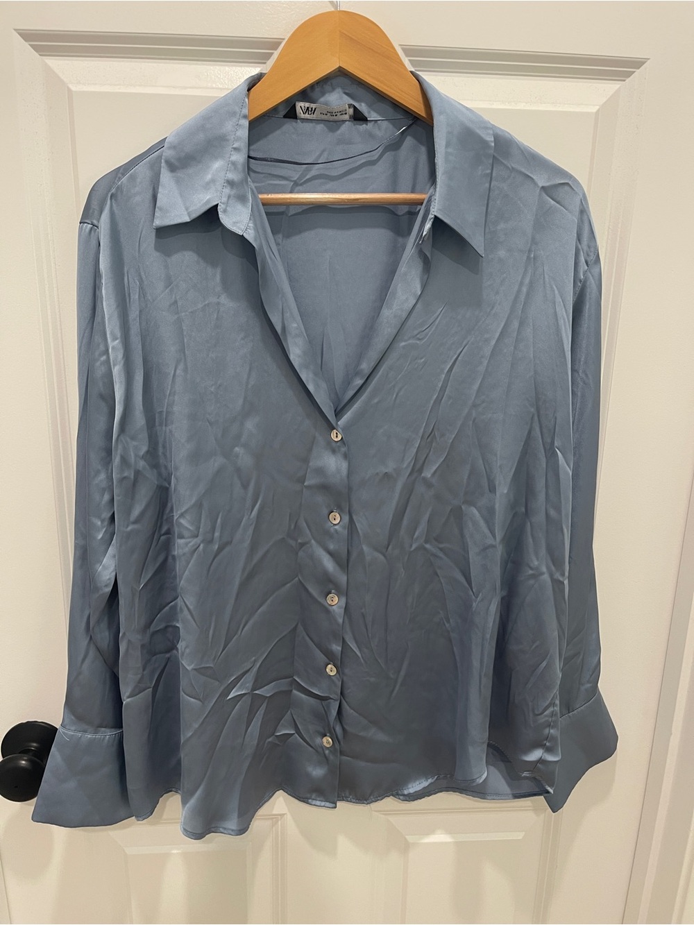 Zara Light Blue Satin Button-Front Blouse